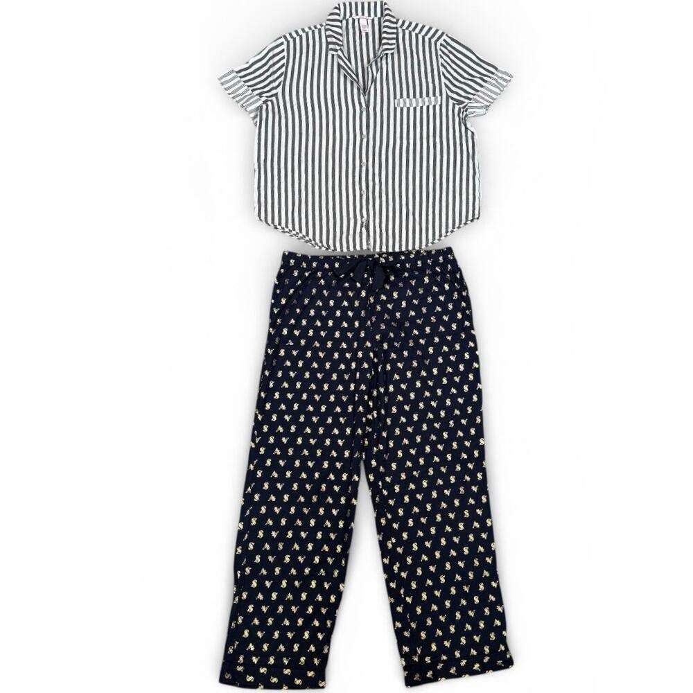 Victoria’s Secret Pajama Set Stripe Sleepshirt Navy Gold Logo Pants | XL